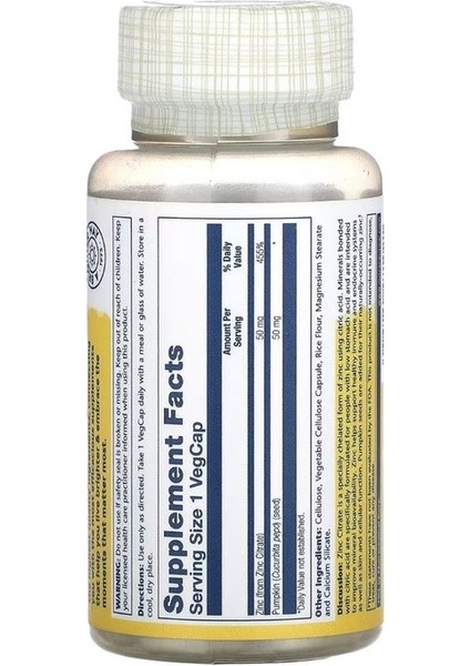 Solaray, Zinc Citrate With Pumpkin Seed, 50 Mg, 60 Veg Kapsül