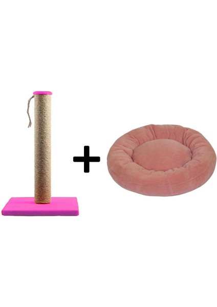 Kedi Tırmalama Tahtası 40 cm ve Kedi Simit Yatağı 50 cm Çap Polar 2' Li Set Pembe-Açık Pembe