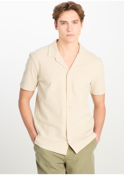 Relaxed Fit Geniş Kesim Deve Tüyü Pamuklu Gömlek