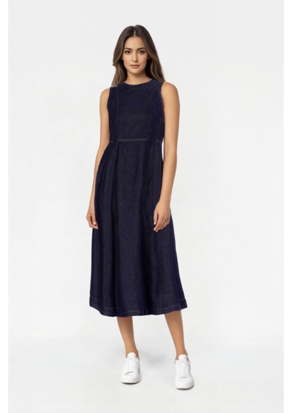 Koyu Mavi Kolsuz Kuplu Maxi Jean Elbise C 4676-068
