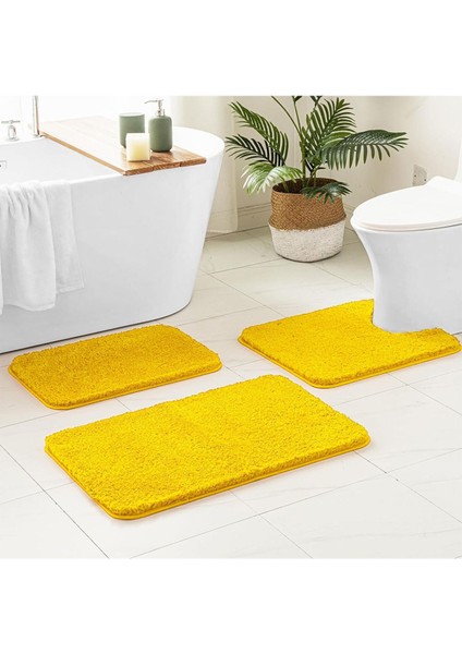 Doğal Kaymaz Taban Yıkanabilir Hardal Sarısı Shaggy 3'li Set Banyo Halı Paspas 1 Adet 60X100 2 Adet 60X50