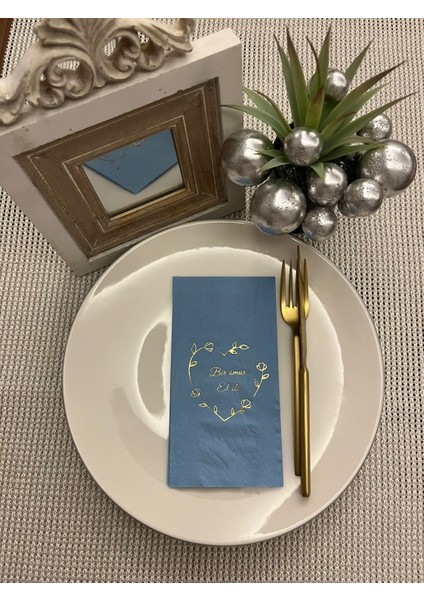 Gold Yaldızlı Mavi Bir Ömür El Ele Peçete 16 Adet