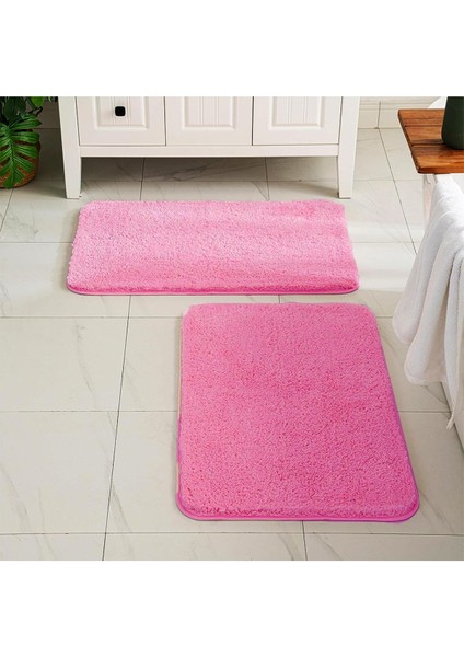 Doğal Kaymaz Taban Yıkanabilir Shaggy Pembe 2'li Set Banyo Halı Paspas 1 Adet 60X100 1 Adet 60X50