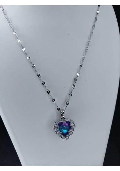 Mavi Zirkon Taşlı Kalp Kolye