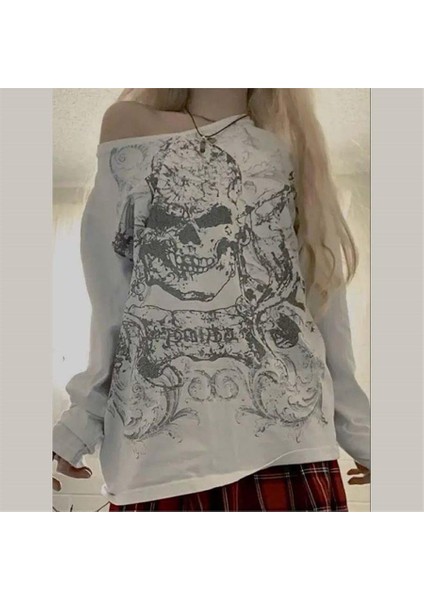 Beyaz Omuz Açık Skull Pattern Uzun Kollu Sweatshirt fiyatları