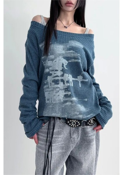 Indigo Vintage Lost Omuz Dekolteli Sweatshirt