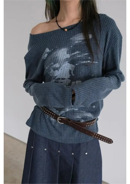 Indigo Vintage Lost Omuz Dekolteli Sweatshirt modelleri