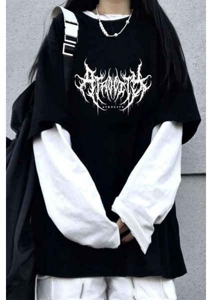 Siyah Harajuku Gothic Atrocity Beyaz Kollu (Unisex) T-Shirt
