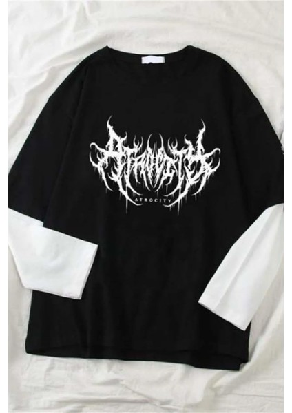 Siyah Harajuku Gothic Atrocity Beyaz Kollu (Unisex) T-Shirt fiyatları