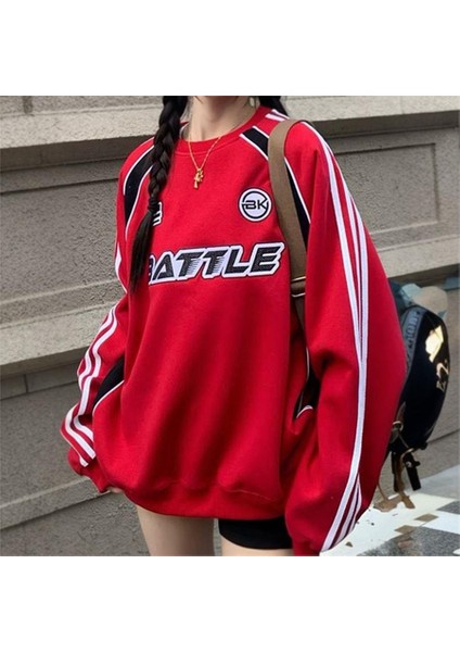 Kırmızı Battle Şeritli (Unisex) Uzun Kollu Sweatshirt
