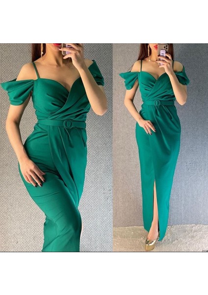 Omuz Detaylı Kemerli Önden Yırtmaç Detaylı Ithal Krep Abiye Elbise (Renkli)