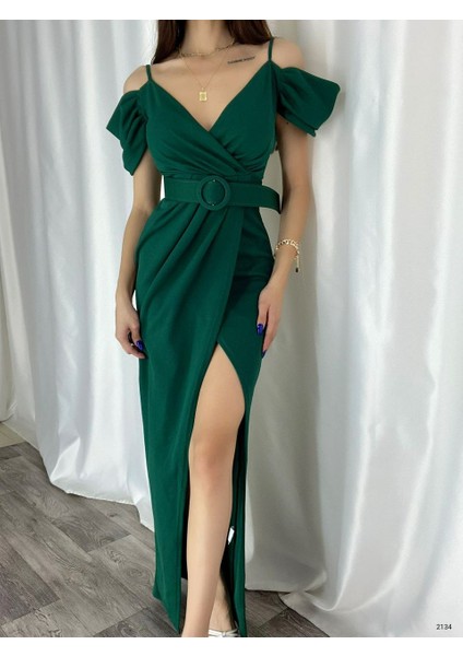 Omuz Detaylı Kemerli Önden Yırtmaç Detaylı Ithal Krep Abiye Elbise (Renkli) modelleri