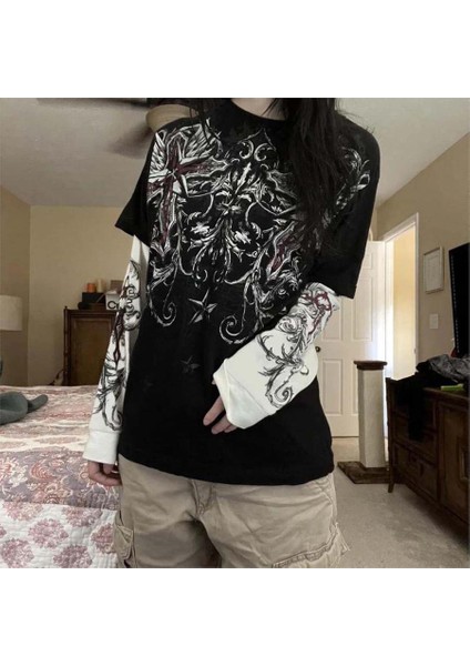 Siyah Renaissance Pattern Unisex Beyaz Kollu T-Shirt