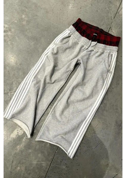 Gri Melanj Şeritli Fake Boxer Eşofman