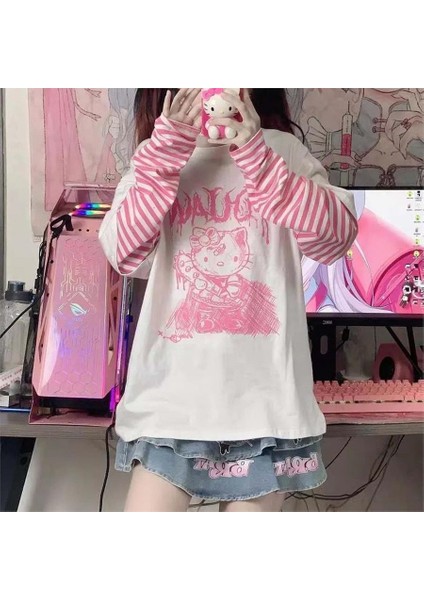 Veteran Hello Kitty Beyaz Unisex Pembe Çizgili Kollu Sweatshirt