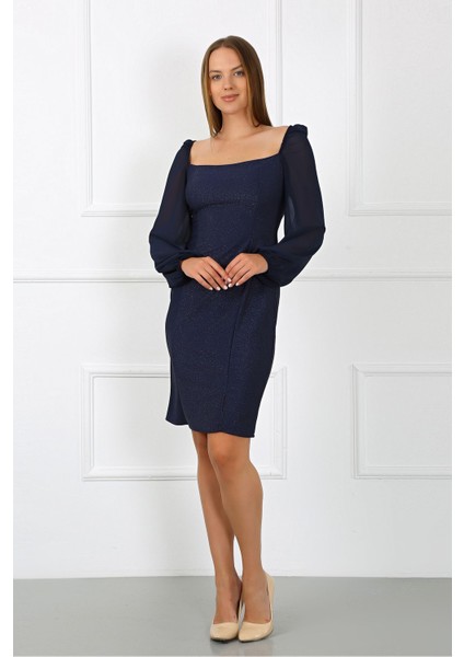 Kadın Giyim Abiye Moda Simli Şifon Kollu Elbise 2713