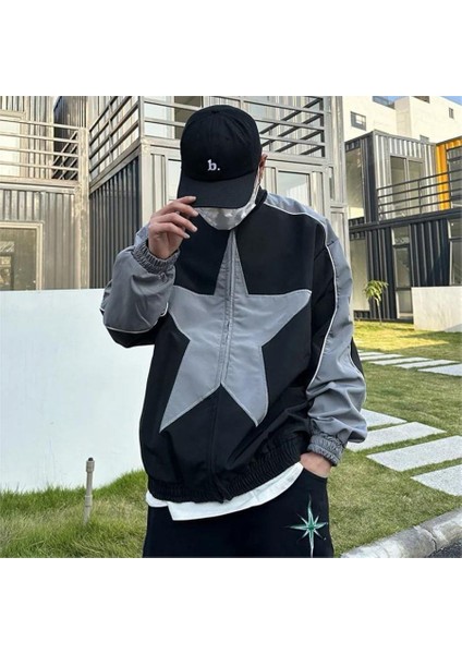 Siyah Gri Şeritli Star Fermuarlı Paraşüt Ceket fiyatları