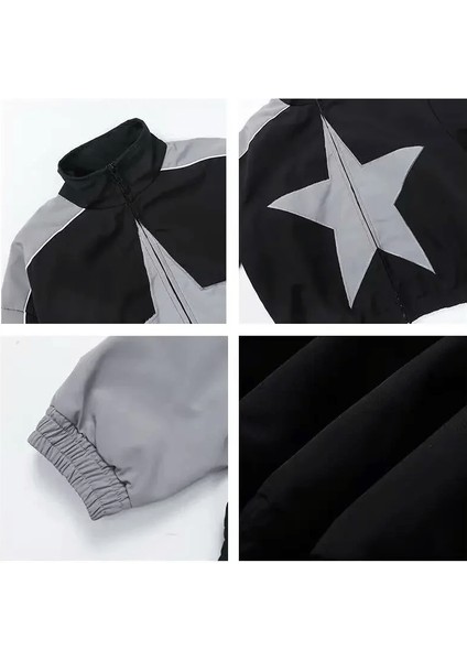 Siyah Gri Şeritli Star Fermuarlı Paraşüt Ceket modelleri