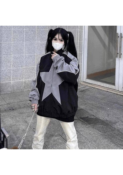 Siyah Gri Şeritli Star Fermuarlı Paraşüt Ceket fırsatları