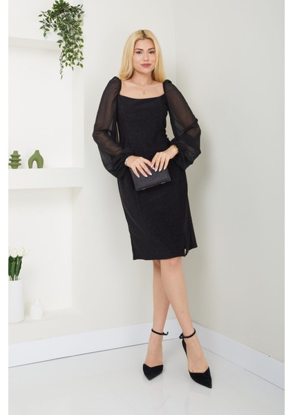 Kadın Giyim Abiye Moda Simli Şifon Kollu Elbise 2713