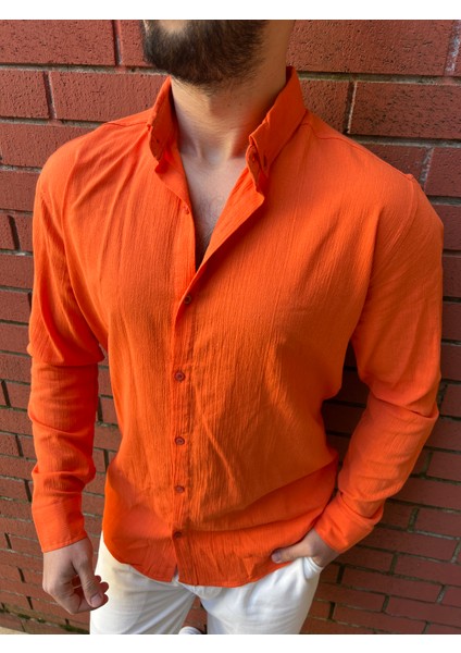 Keten Krinkıl Kumaş Normal Kalıp Gömlek