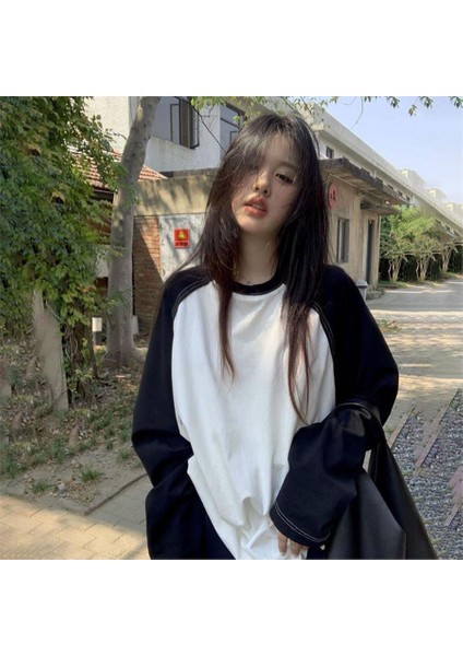 Siyah Raglan Kollu Beyaz Basic (Unisex) Uzun Kollu