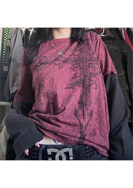 Kırçıllı Bordo Vintage Ancient Cross Cyber Grunge Ince Sweatshirt