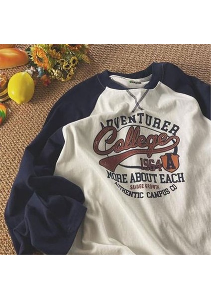Lacivert Raglan Kollu Ince Kumaş Adventure College Beyaz (Unisex) Uzun Kollu