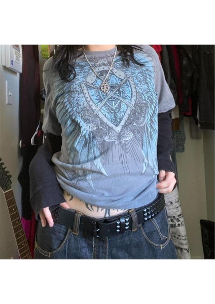 Füme Vintage Siyah Kollu Shield Wing Cyber Grunge Ince Sweatshirt fiyatları