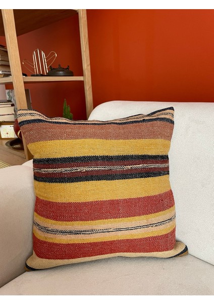 40X40 cm El Dokuma Kırlent Kılıfı Kırmızı ve Sarı Renkli Dekoratif Ev Hediyesi