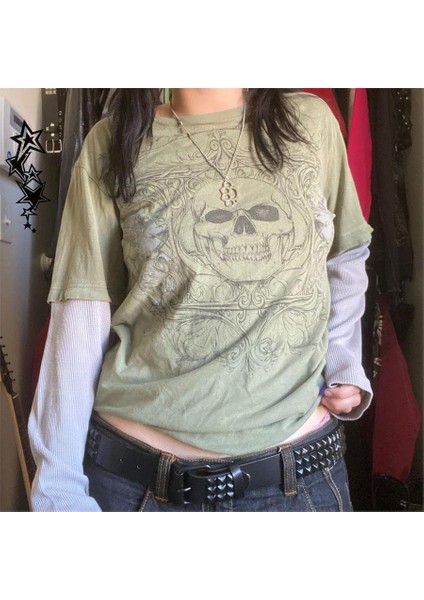 Haki Vintage Beyaz Kollu Skull Table Cyber Grunge Ince Sweatshirt