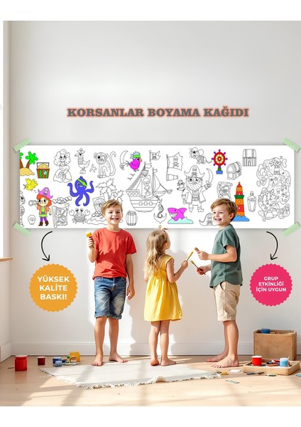 Korsanlar Temalı Dev Boyama Kağıdı 2,5 Metre Rulo Boyama Kağıdı Çocuk Anaokulu ve Kreşler İçin Aktivite Eğitici Boyama