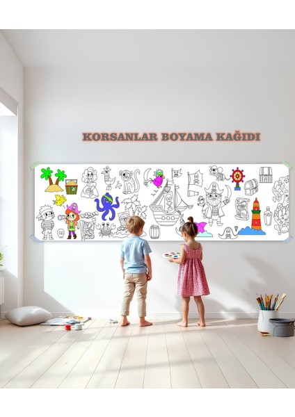 Korsanlar Temalı Dev Boyama Kağıdı 2,5 Metre Rulo Boyama Kağıdı Çocuk Anaokulu ve Kreşler İçin Aktivite Eğitici Boyama