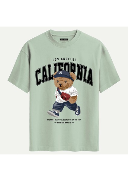 Unisex Bisiklet Yaka %100 Organik Pamuklu Kalın Dokulu California Baskılı Oversize T-Shirt - Bej