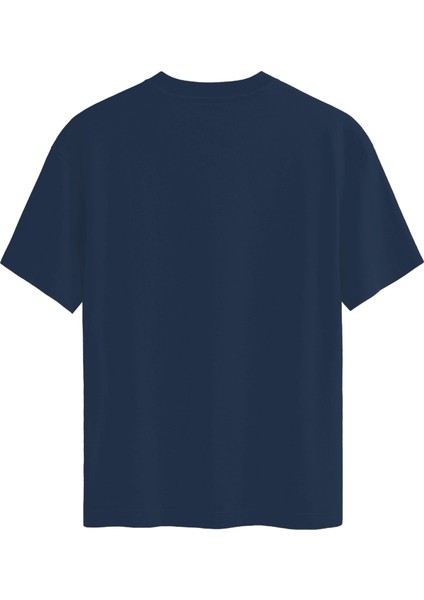 Unisex Bisiklet Yaka %100 Organik Pamuklu Kalın Dokulu California Baskılı Oversize T-Shirt - Lacivert fiyatları
