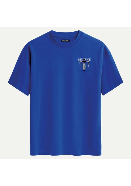 Unisex Bisiklet Yaka %100 Organik Pamuklu Kalın Dokulu Behind Baskılı Oversize T-Shirt - Saks Mavisi fiyatları