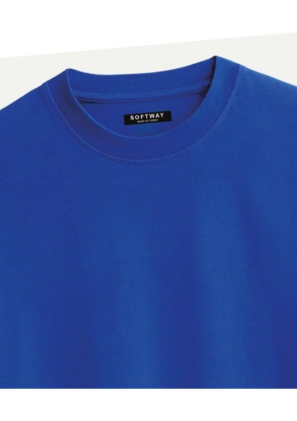 Unisex Bisiklet Yaka %100 Organik Pamuklu Kalın Dokulu Behind Baskılı Oversize T-Shirt - Saks Mavisi modelleri