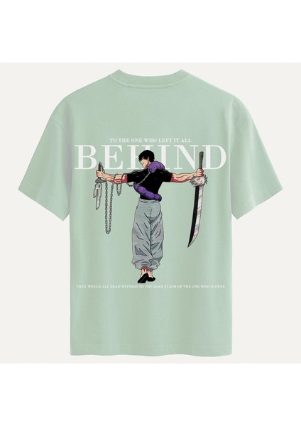 Unisex Bisiklet Yaka %100 Organik Pamuklu Kalın Dokulu Behind Baskılı Oversize T-Shirt - Bej