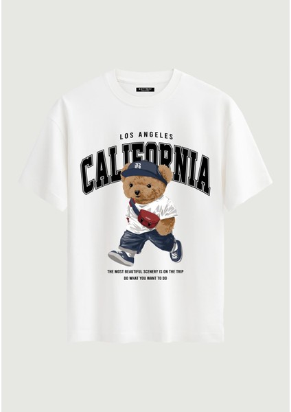 Unisex Bisiklet Yaka %100 Organik Pamuklu Kalın Dokulu California Baskılı Oversize T-Shirt - Beyaz