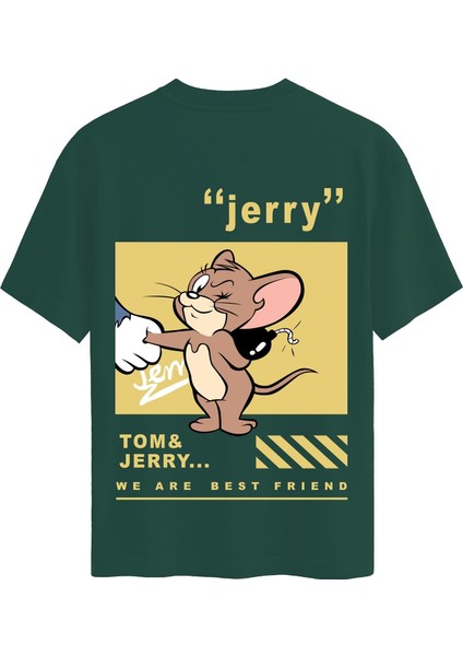 Unisex Bisiklet Yaka %100 Organik Pamuklu Kalın Dokulu Jerry Baskılı Oversize T-Shirt - Koyu Yeşil