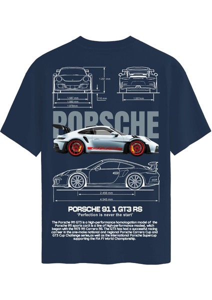 Unisex Bisiklet Yaka %100 Organik Pamuklu Kalın Dokulu Porsche 911 Gt3 Rs Baskılı Oversize T-Shirt - Lacivert