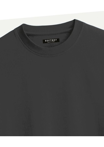 Unisex Bisiklet Yaka %100 Organik Pamuklu Kalın Dokulu Earth Baskılı Oversize T-Shirt - Füme modelleri