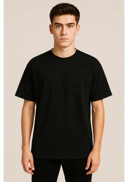 Unisex Bisiklet Yaka %100 Organik Pamuklu Kalın Dokulu Düz Oversize T-Shirt - Siyah indirimleri