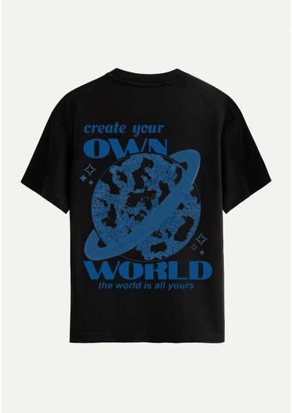 Unisex Bisiklet Yaka %100 Organik Pamuklu Kalın Dokulu Own World Baskılı Oversize T-Shirt - Siyah