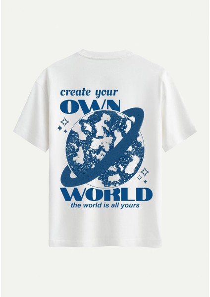 Unisex Bisiklet Yaka %100 Organik Pamuklu Kalın Dokulu Own World Baskılı Oversize T-Shirt - Ekru