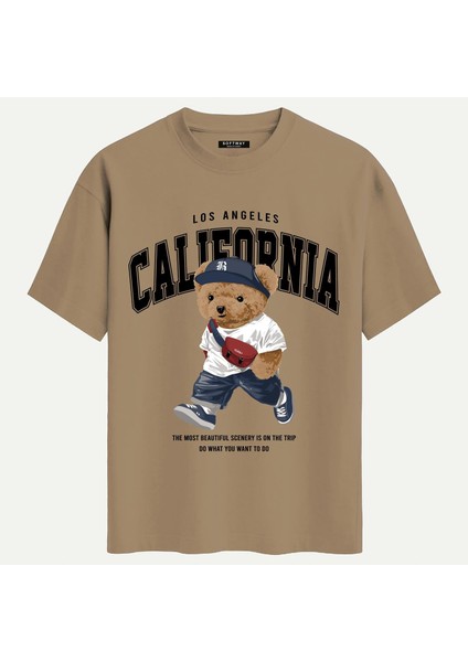 Unisex Bisiklet Yaka %100 Organik Pamuklu Kalın Dokulu Behind California Oversize T-Shirt - Açık Kahverengi