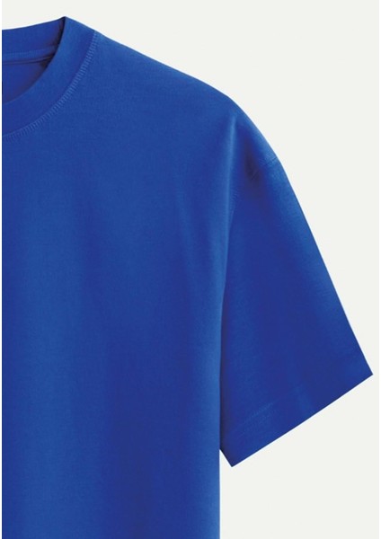 Unisex Bisiklet Yaka %100 Organik Pamuklu Kalın Dokulu Earth Baskılı Oversize T-Shirt - Saks Mavisi fırsatları