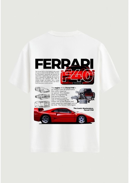 Unisex Bisiklet Yaka %100 Organik Pamuklu Kalın Dokulu Ferrari F40 Baskılı Oversize T-Shirt - Beyaz