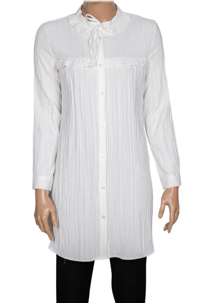 Hazel Kadın Yaka Roba Fırfırlı Kırışık Pamuk Keten Kırık Beyaz Gömlek