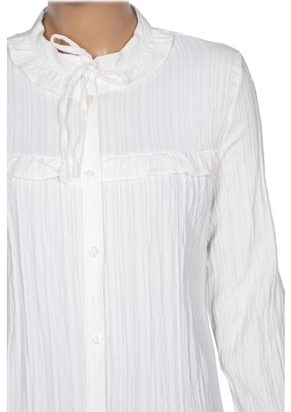 Hazel Kadın Yaka Roba Fırfırlı Kırışık Pamuk Keten Kırık Beyaz Gömlek fiyatları